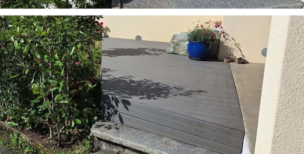 Terrasse en bois en fin de vie, remplacée par un platelage composite, après intervention